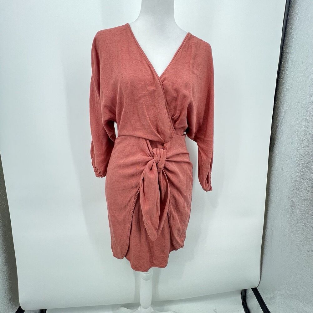 Anthropologie Puff Sleeve Wrap Mini Dress Sz 4 Linen Pink Rose Dopamine Romantic